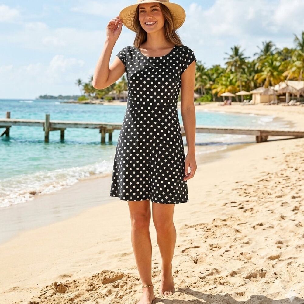 Anthro Postage Stamp Polka Dot Dress M Black White Coquette Twee Summer Coastal